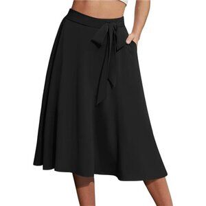 Women's A-Line Midi Skirt with Pockets High Waist Black